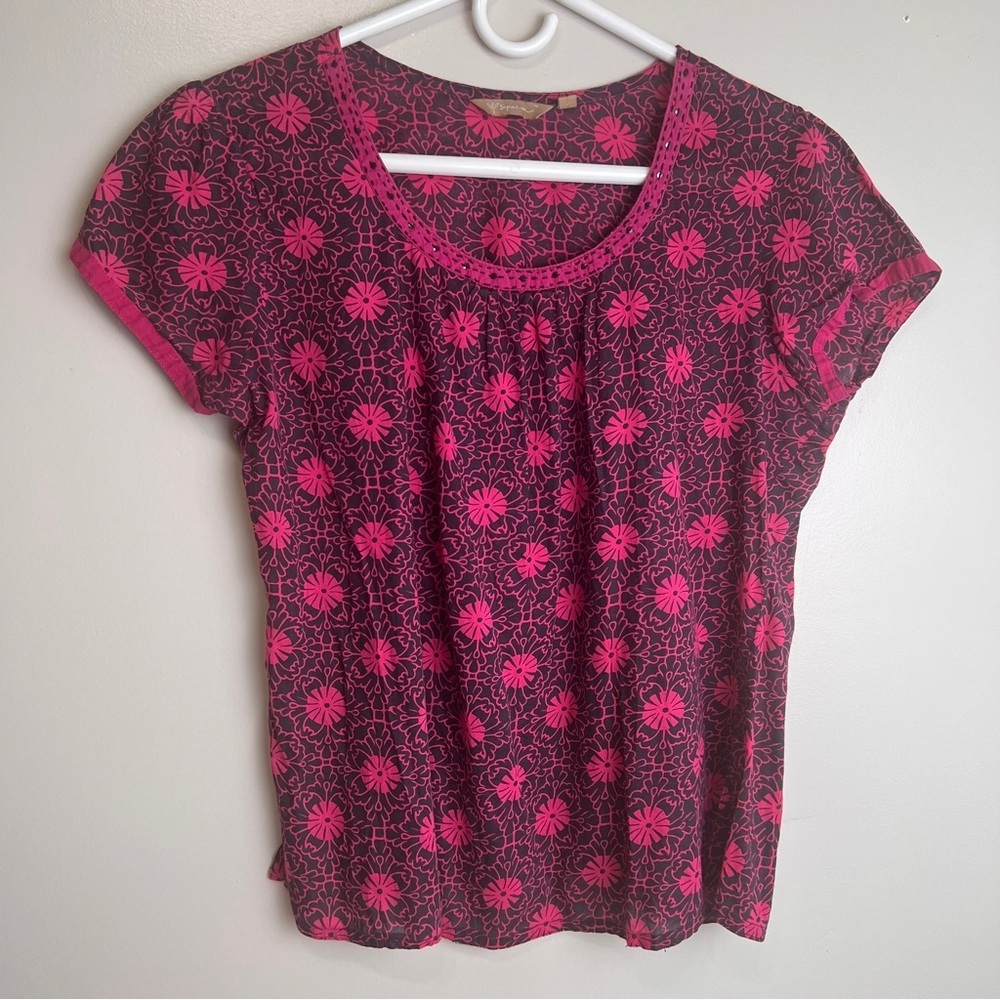 Sparsh Fuschia Floral Pattern Short-Sleeve Cotton Lightweight Top Large